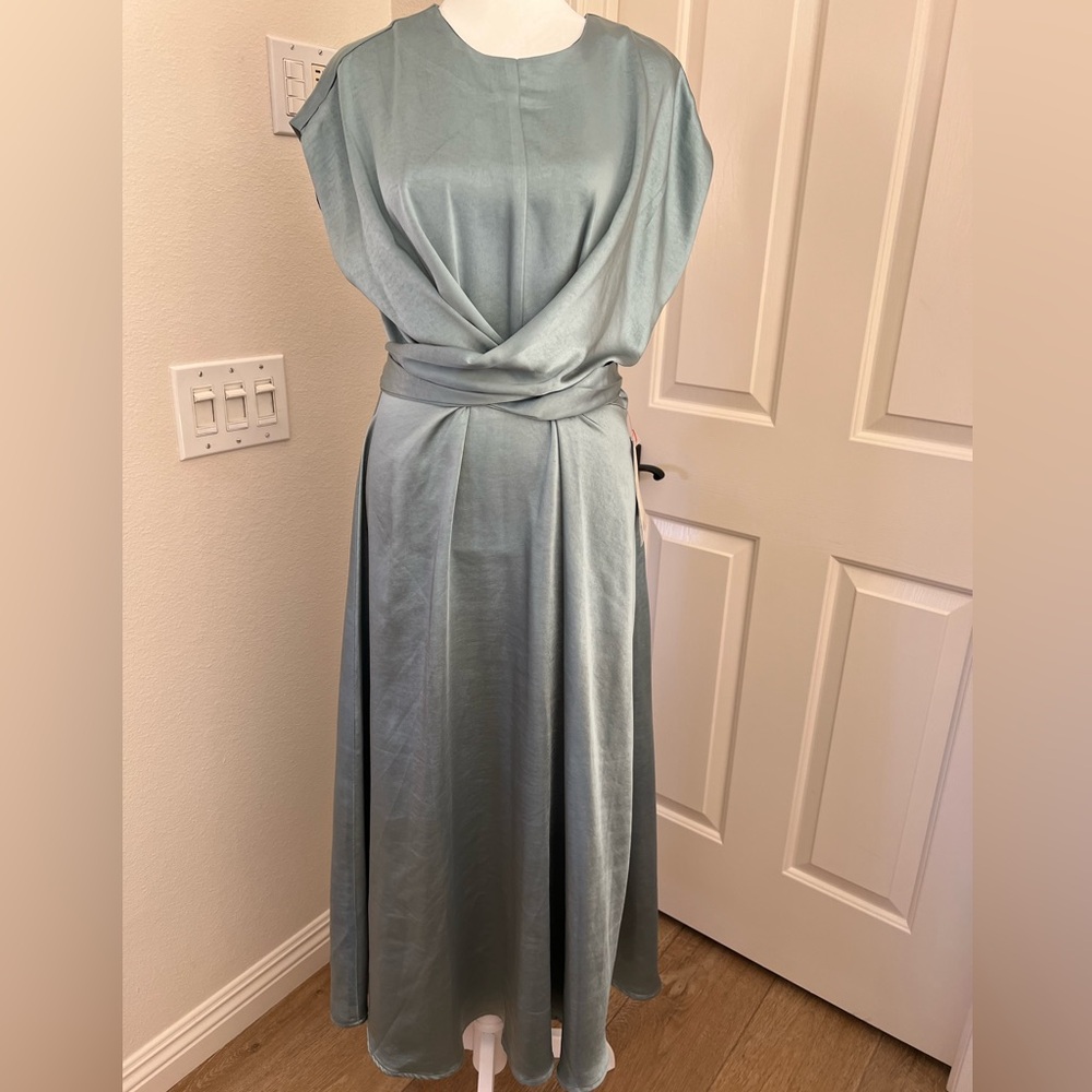 NWT Boheme Sage Green Satin Ankle Length dress. Tie waist.
